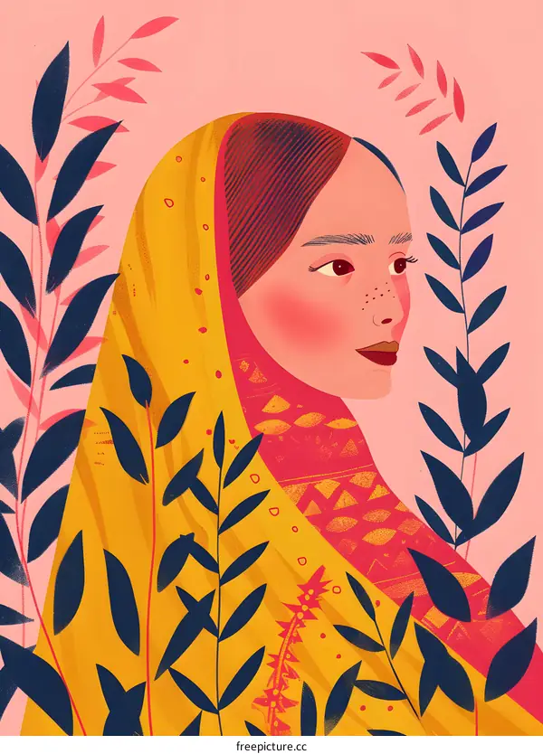Woman in Yellow and Pink Scarf with Floral Background