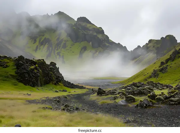 Misty Valley With Green Hills in Iceland