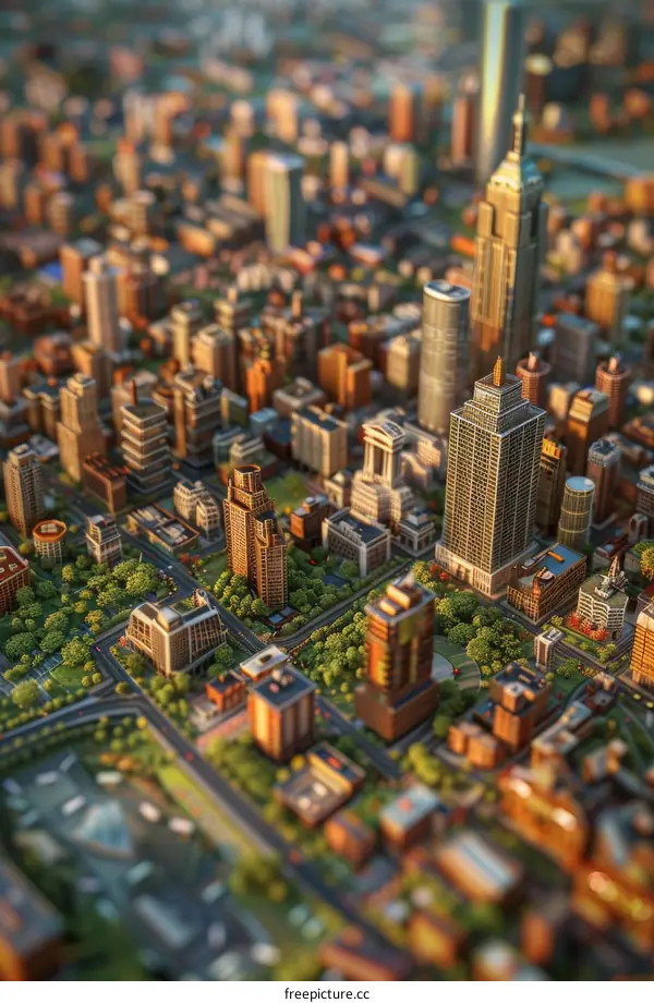 Miniature City with Skyscrapers and Lush Greenery