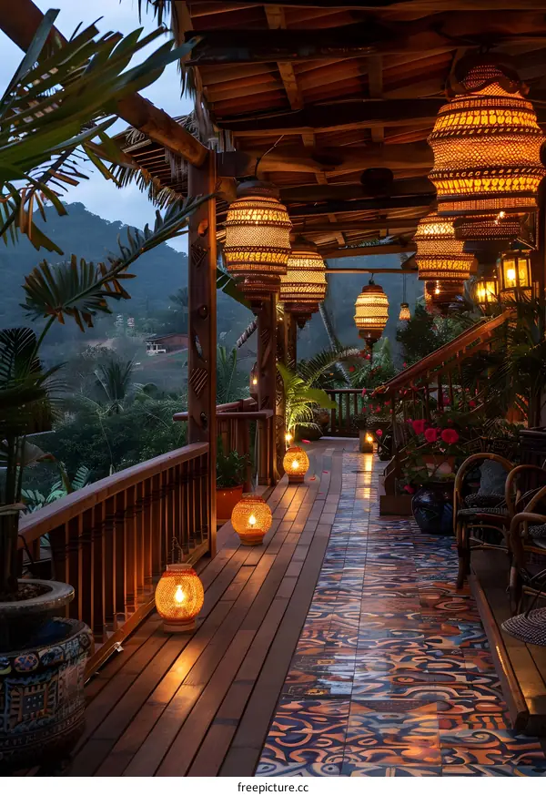 tropical wooden balcony with colorful hanging lanterns
