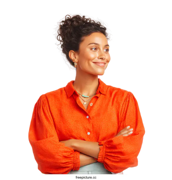 [Transparent Background PNG]Smiling Woman in an Orange Blouse