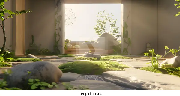 Stone Path and Green Moss in a Japanese Garden