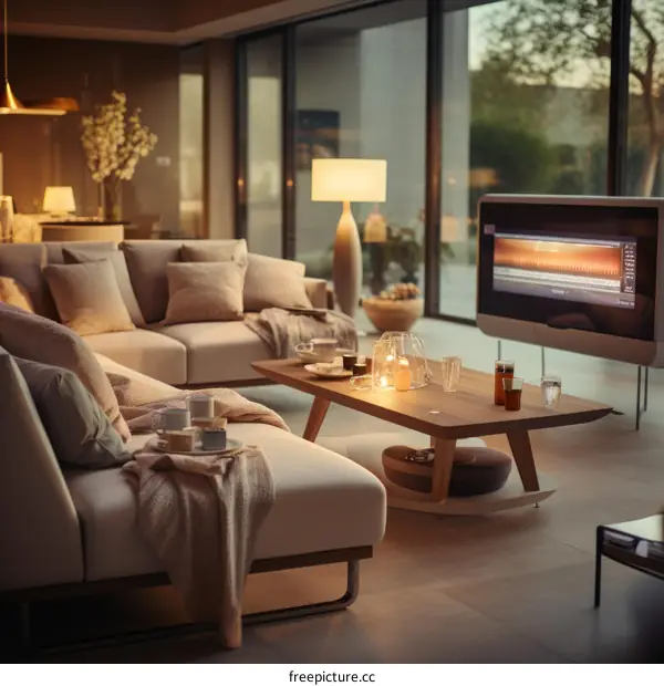 A cozy living room with a large sofa, coffee table, and TV