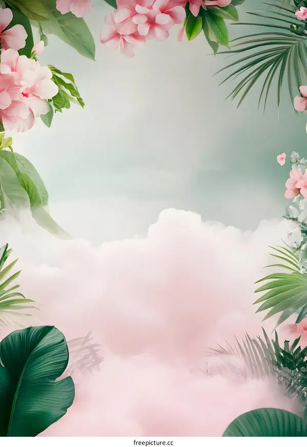 Pink Flowers And Green Leaves Frame A Cloudy Sky Background