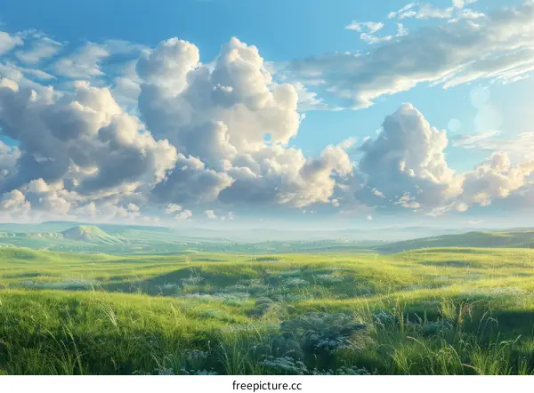 Rolling Green Hills under a Blue Sky