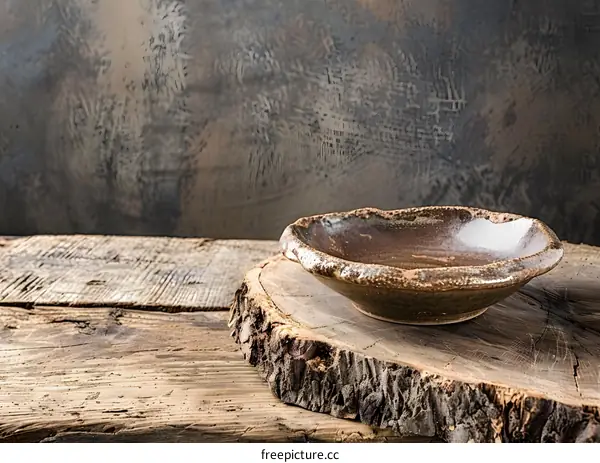 Empty Clay Bowl on Rustic Wooden Tabletop
