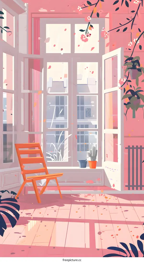 Pink Balcony Illustration With Chair and Plants
