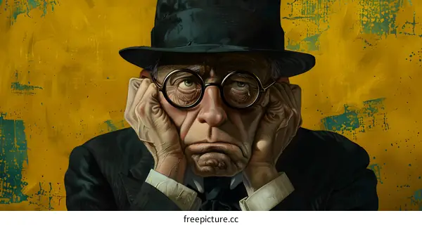 An illustration of a man wearing a top hat and glasses, with his hands on his face