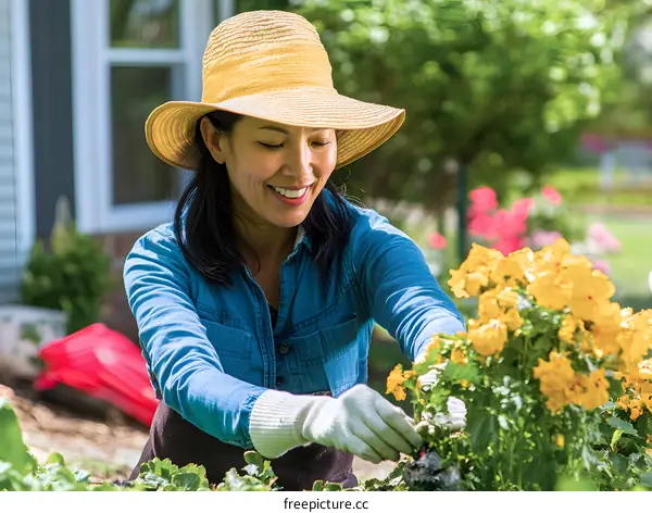 Asian Woman Gardening In The Backyard