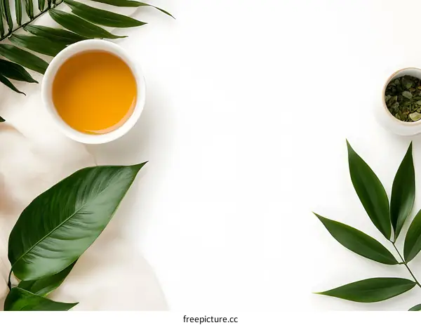 Green Leaves and Tea Cup on White Background