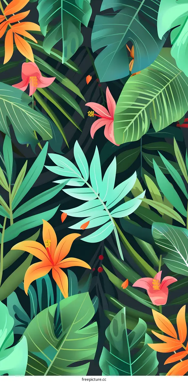 Tropical Leaves and Flowers Seamless Pattern