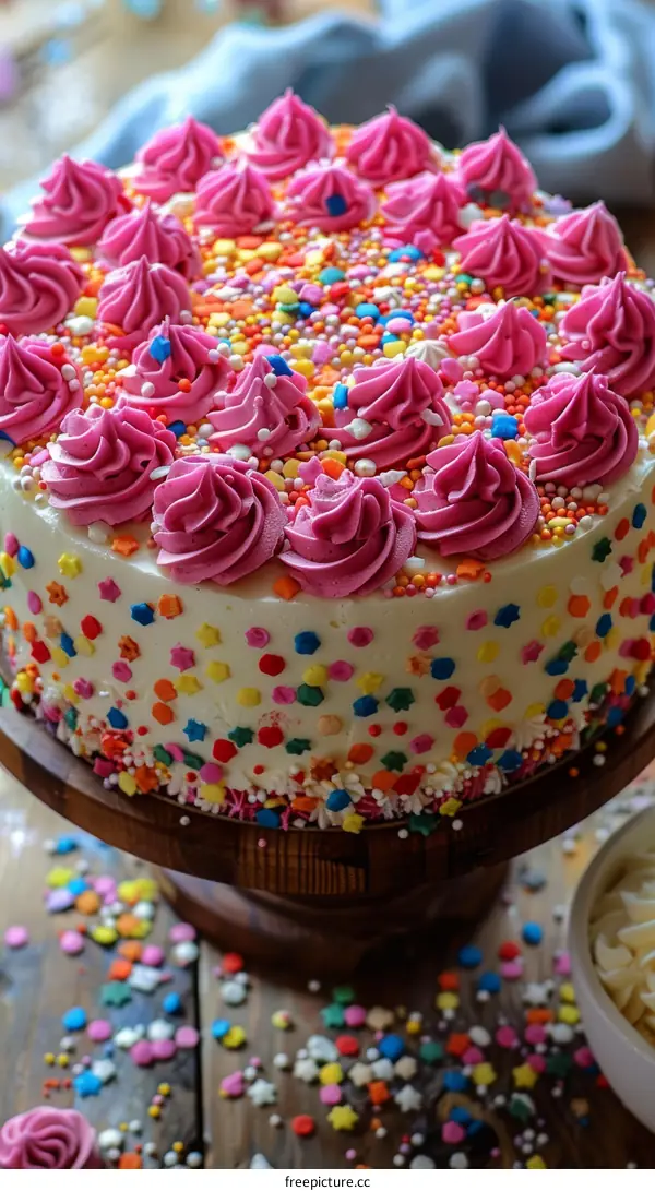 Colorful Sprinkle Cake with Pink Frosting