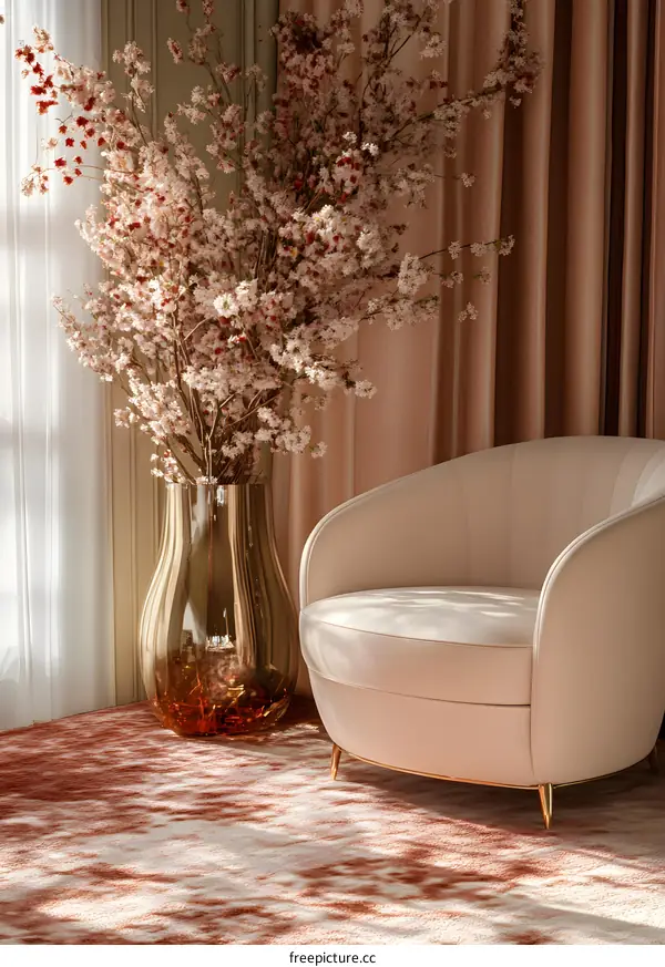 Elegant Living Room Decor with Pink Flowers and a Plush Chair