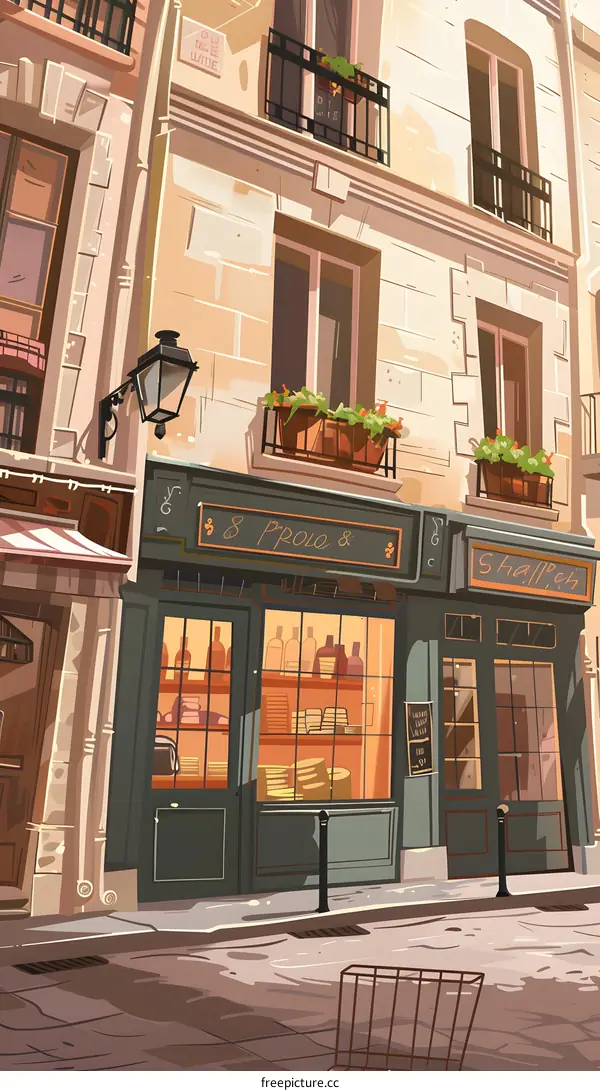European Style Building Illustration with Shop Fronts and Balconies