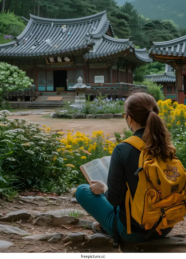 Woman Reading Book in Front of Traditional Korean Temple
