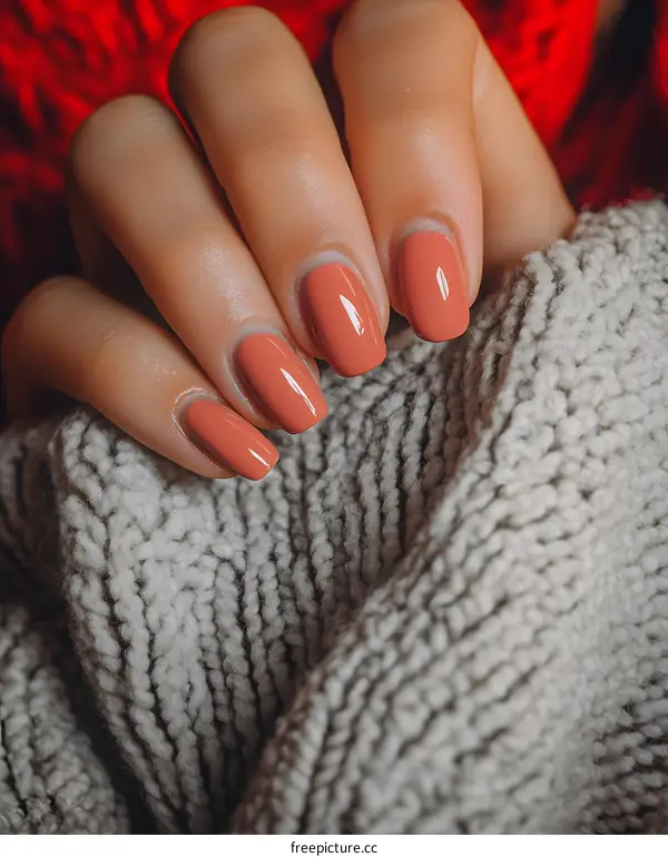Close up of Female Hand with Coral Colored Nail Polish