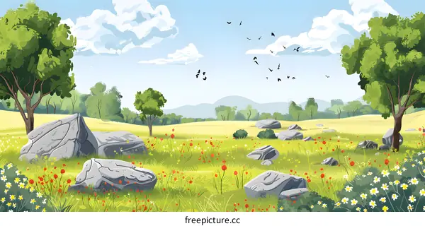 Green Meadow with Grey Stones and Blooming Flowers under a Blue Sky