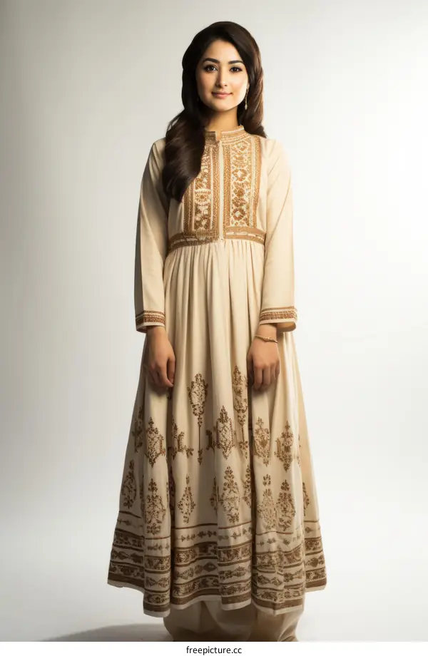 A woman in a beige dress with brown embroidery.