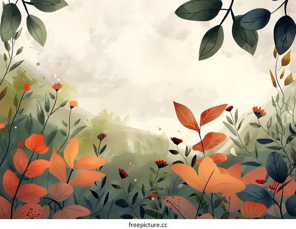 Artistic Illustration of Colorful Autumn Leaves and Flowers