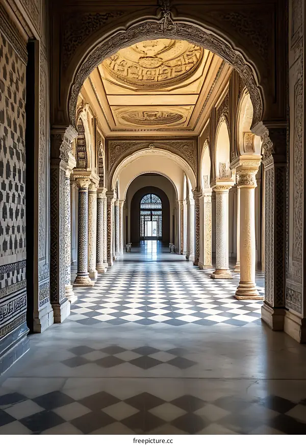 Checkerboard Floor In An Ornate Hallway