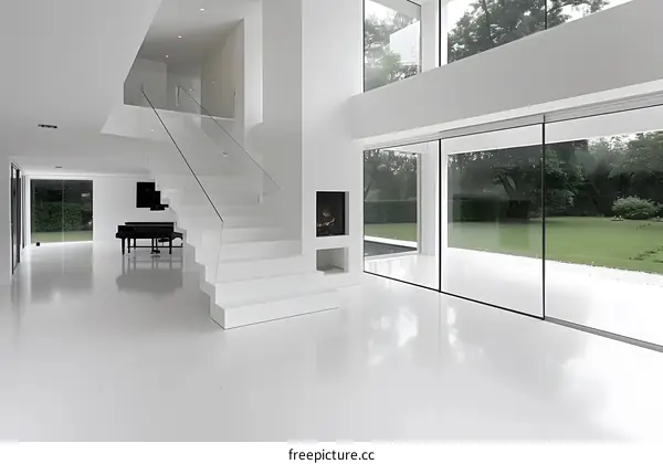 Modern Interior Design White Staircase and Piano in a Large Room