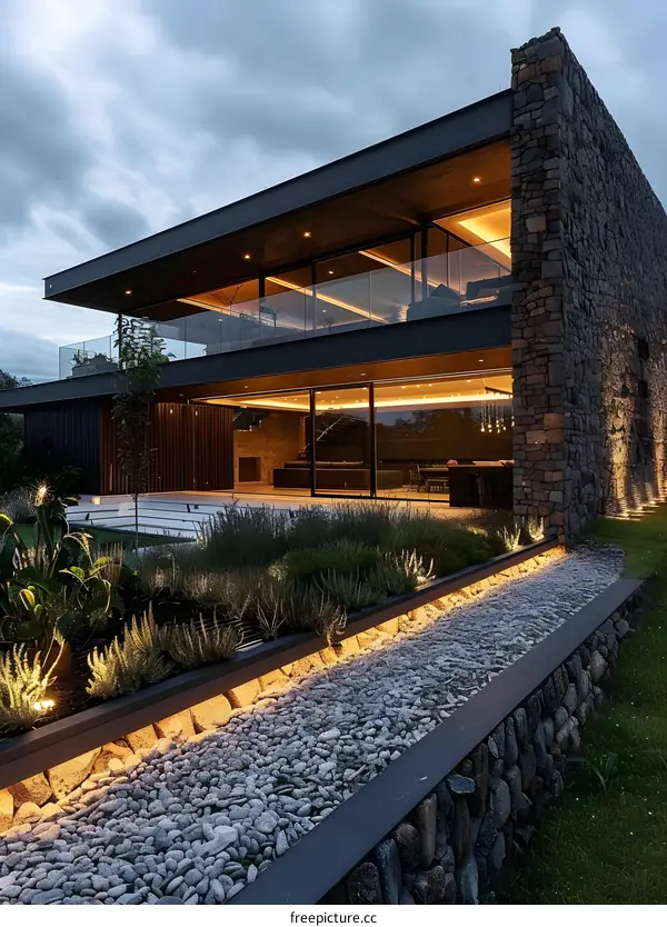 Modern Home With Stone Wall And Gravel Path