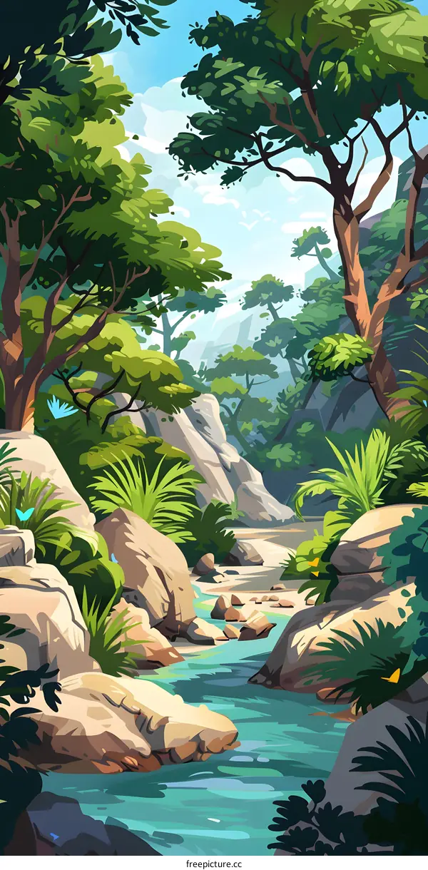 Green Forest Landscape Illustration with River