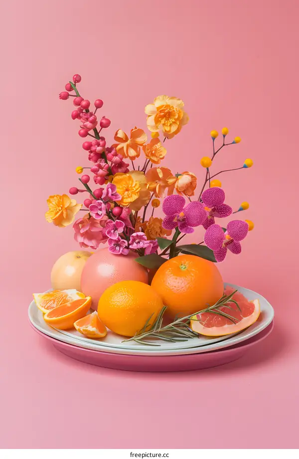 Pink Background with Oranges and Flowers