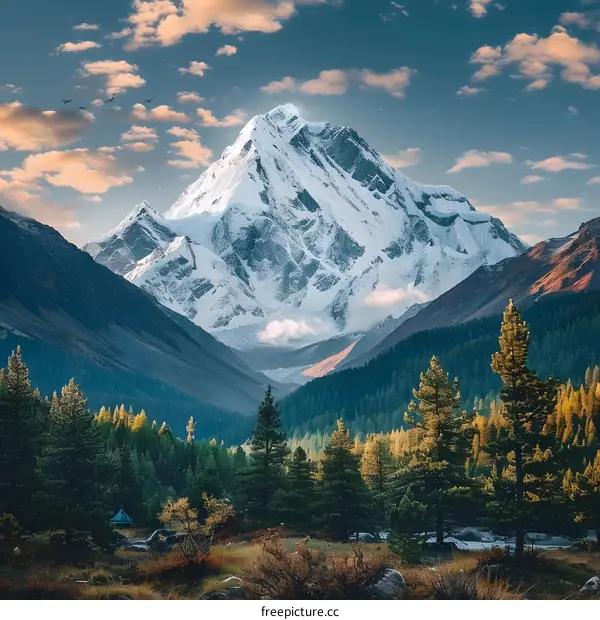 Majestic Mountain Peak with Snow Covered Summit in a Lush Forest