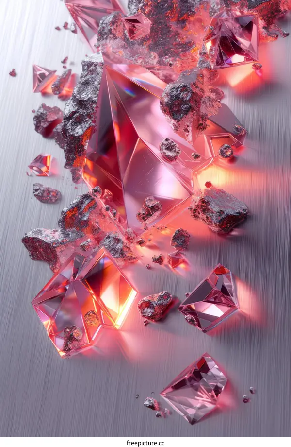 Pink crystals on a gray concrete surface