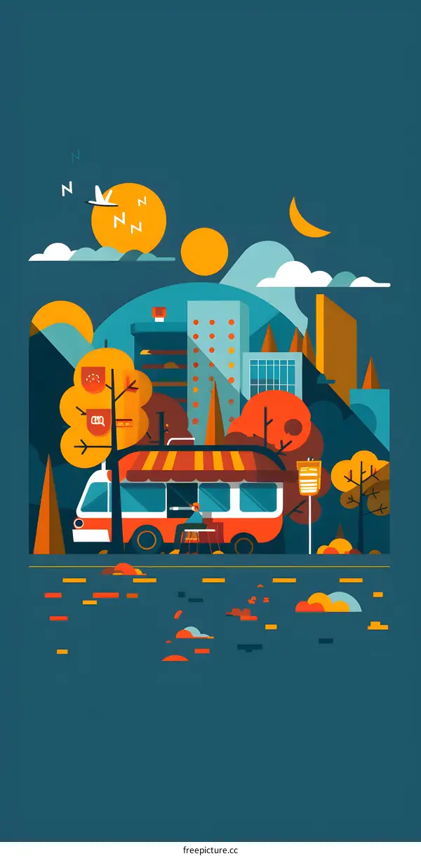 Flat Style Illustration of a Cityscape with a Bus Stop