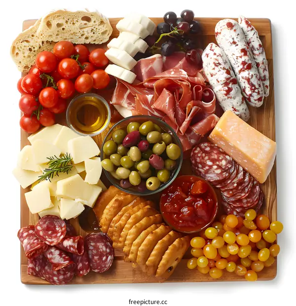 Top view of delicious Spanish tapas including cheese, olives, salami, tomatoes and bread