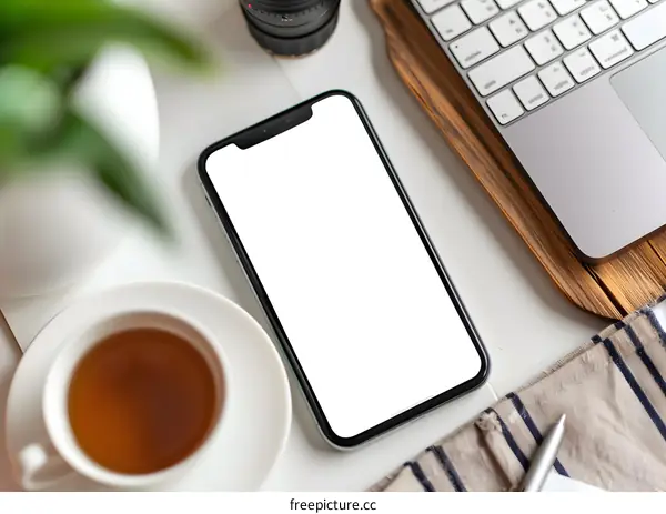 White Table Mockup with Phone, Tea, and Laptop