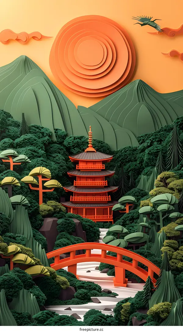 A paper cut illustration of a Japanese temple in a forest with a red bridge over a river