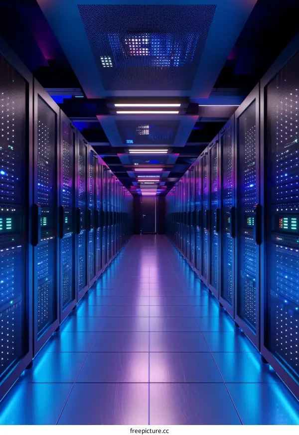 Server room with blue and purple lighting