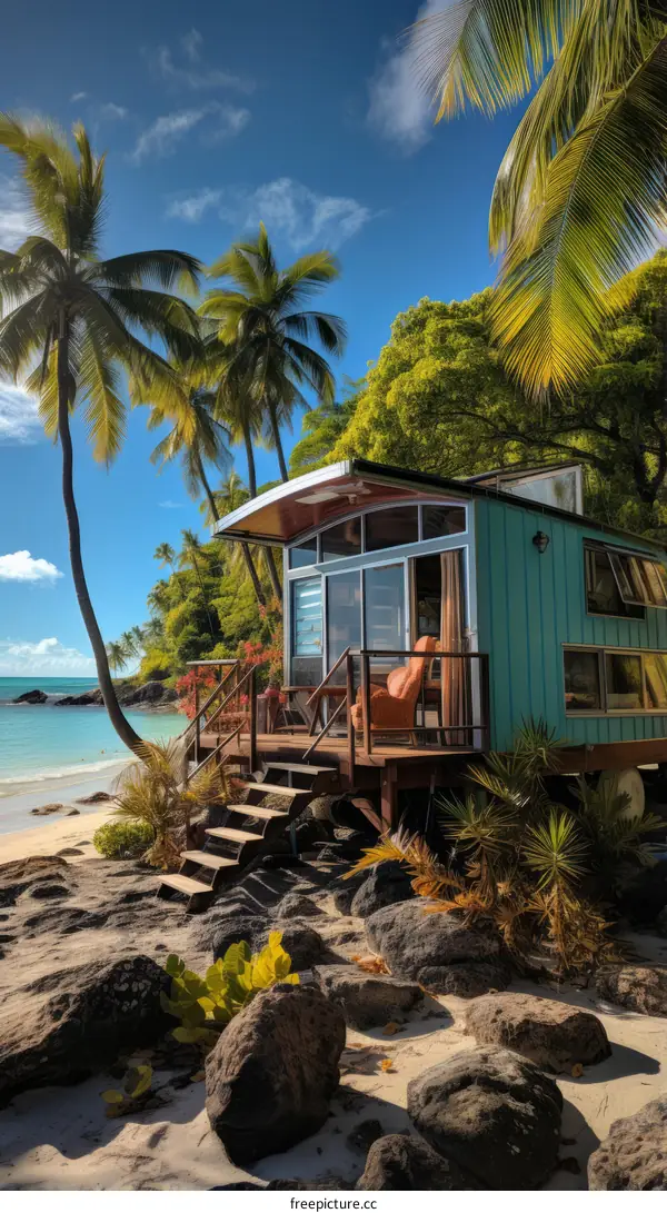 Beach house surrounded by palm trees