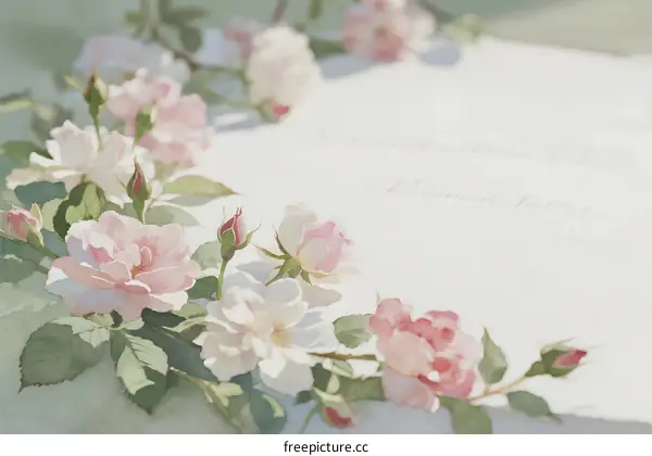Delicate Pink and White Roses Adorning a White Card with Soft Petals
