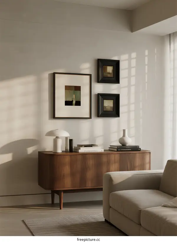 Minimalist living room interior with wooden sideboard and framed art