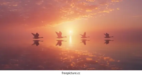 Four Geese Flying in the Golden Light Sunset