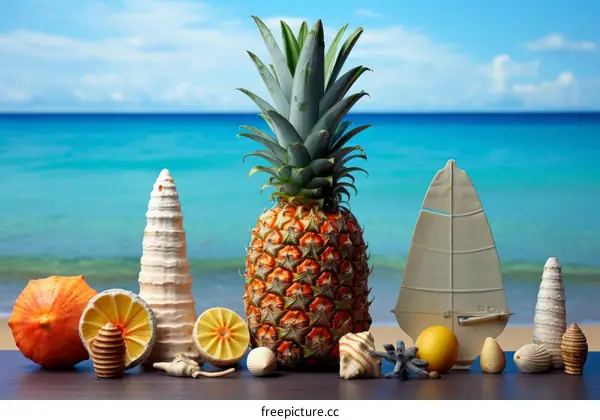 A 3D illustration of a pineapple and shells are placed on a table with the ocean in the background