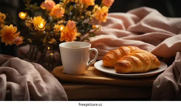 Coffee and croissants on a wooden table