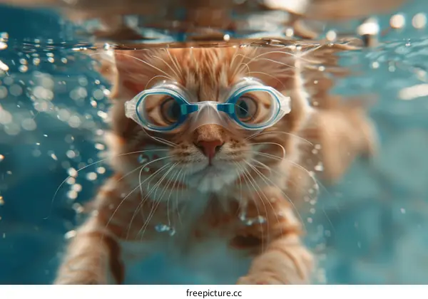 Orange Cat Wearing Goggles Swimming Underwater