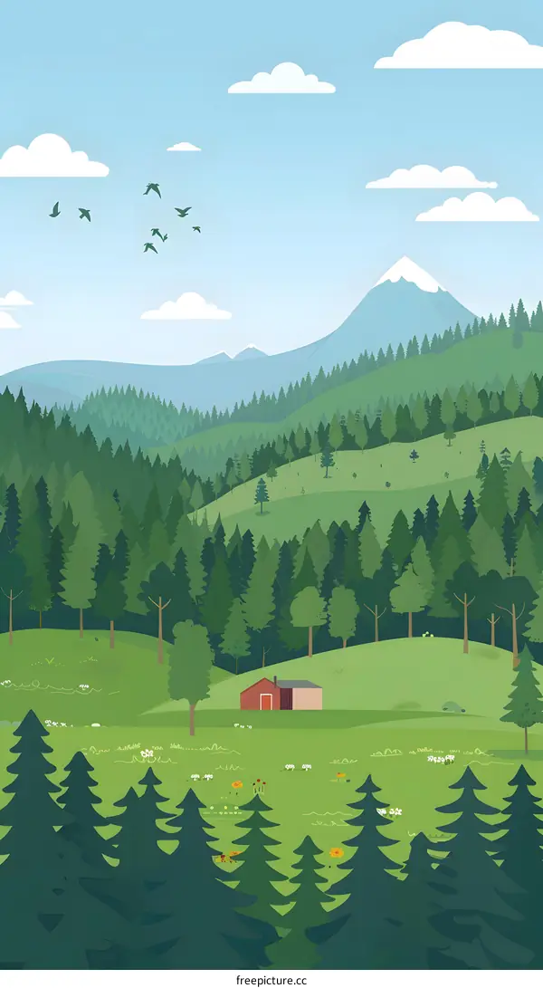 Green Forest Landscape with Mountains and Birds