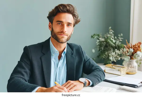 Businessman Working at Desk, Professional, Focused