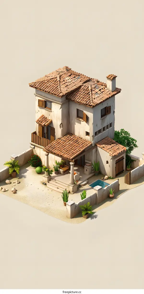 A realistic rendering of a two-story house with a red tile roof.