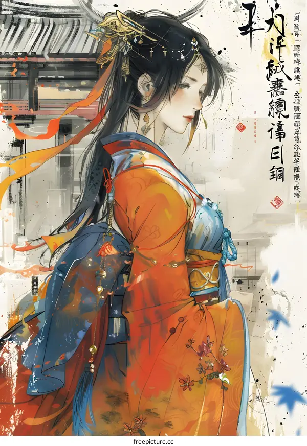 Beautiful Asian Woman in Traditional Clothing with a Watercolor Background