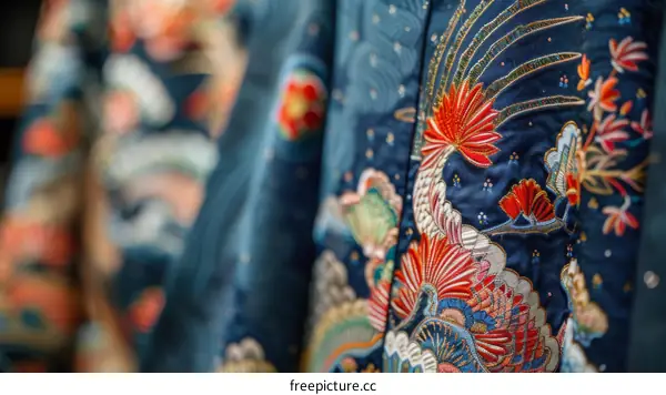 Intricate Floral Embroidery on Blue Fabric