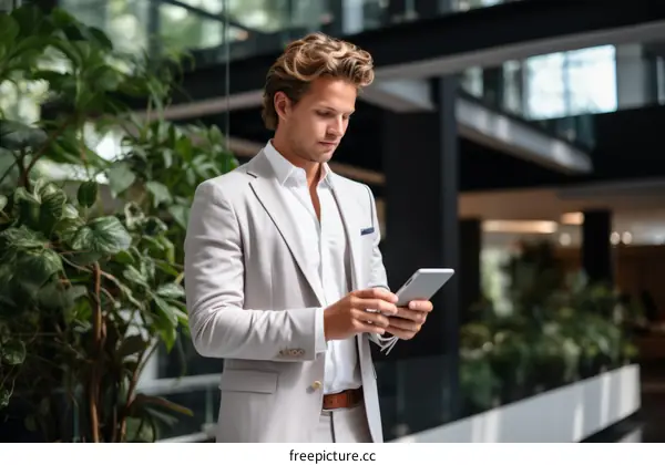 Young professional man in a suit using a smartphone in an office environment