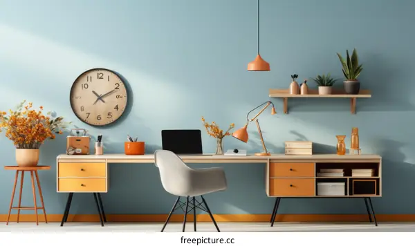 Impressive Home Office with Vibrant Blue Wall and Modern Vintage Decor