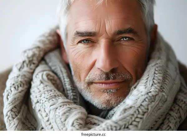 portrait of a handsome man with gray hair and green eyes